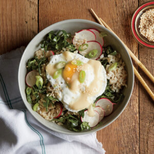 Brown Rice Miso Bowl with Soft-Cooked Egg and Kale-Radish Slaw