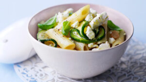Penne pasta with zucchini, basil and ricotta